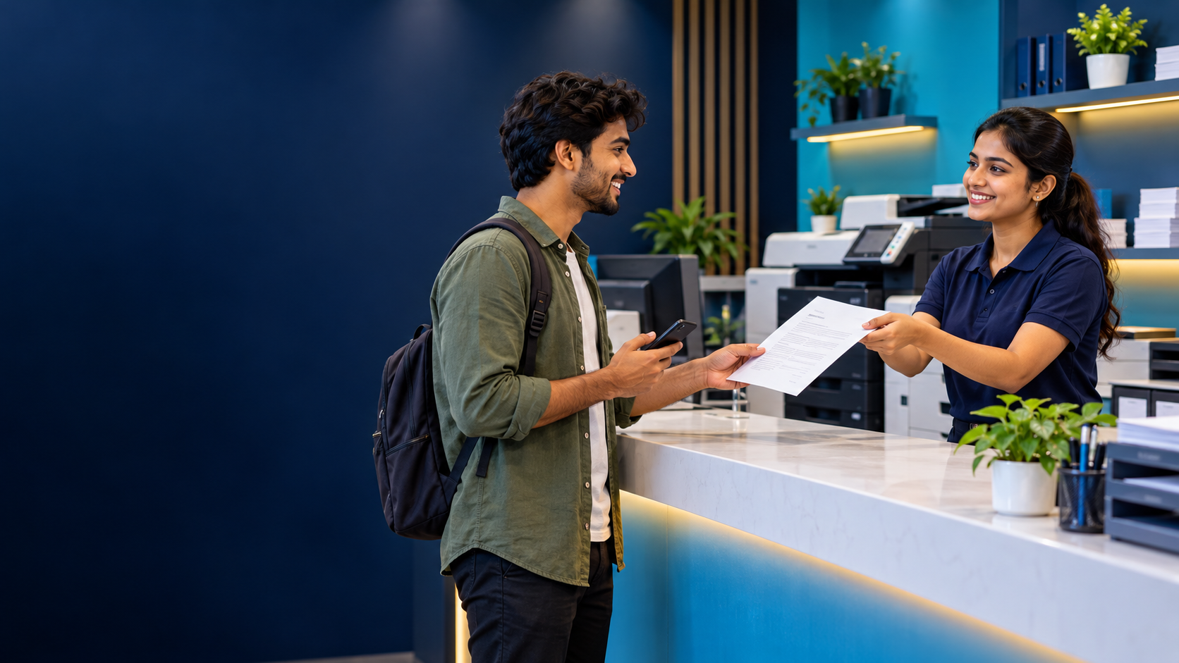 Customer receiving a printed document at a modern digital service desk