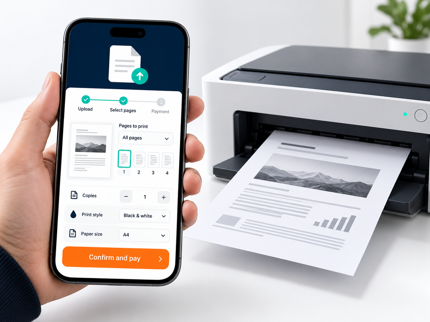 Mobile self-print interface beside an A4 printer