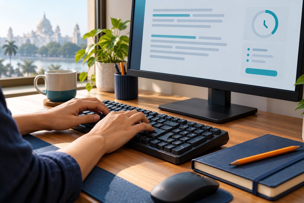 Illustration of typing practice on a keyboard at a desktop computer